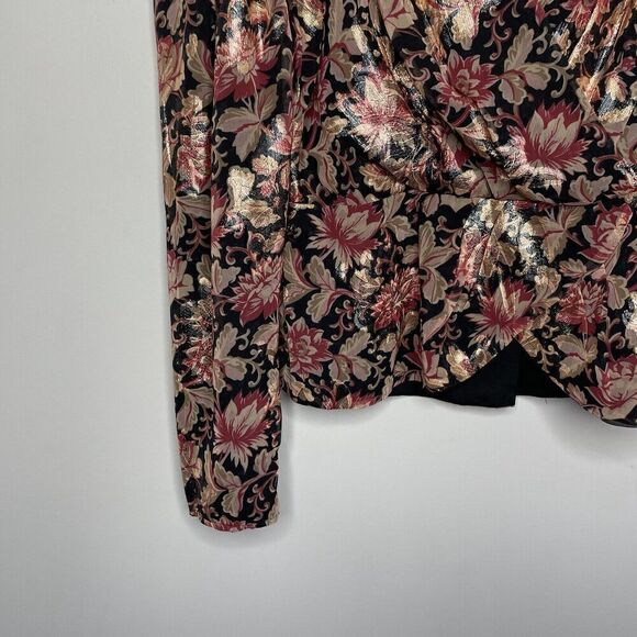 EXPRESS Top Womens Small S Metallic Gold Red Floral Peplum Blouse NEW Faux Wrap - Picture 3 of 10